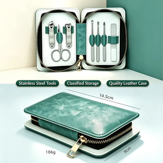 The closed green marbled case marked 186 g, 14.5 cm by 9 cm