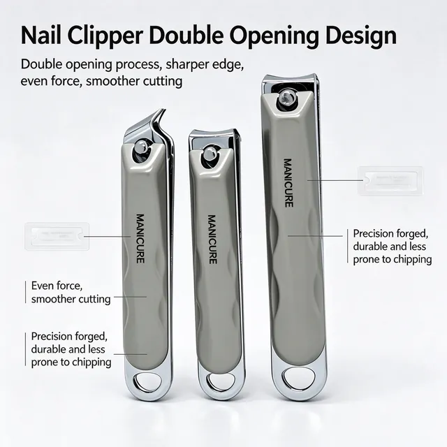 The double-opening nail clipper explained, with callouts for even force and precision forging