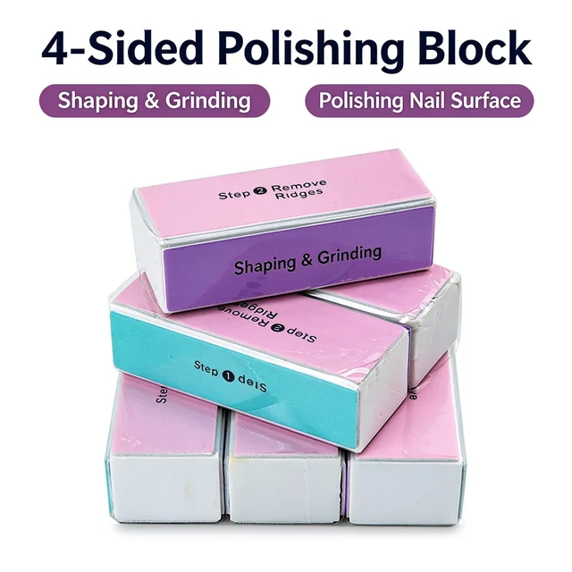 Stacked four-sided sponge polishing blocks in pink, blue and orange with Shaping and Grinding and Polishing Nail Surface labels