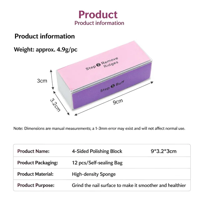 Product information sheet listing 4.9 g per piece, 9 by 3.2 by 3 cm, 12 pcs per self-sealing bag and high-density sponge