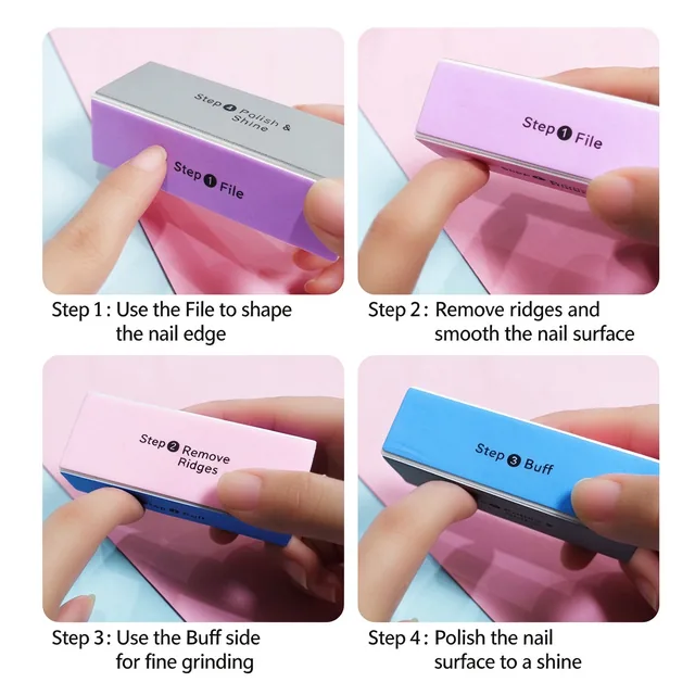 Four-step usage diagram running from filing the nail edge to polishing the nail surface