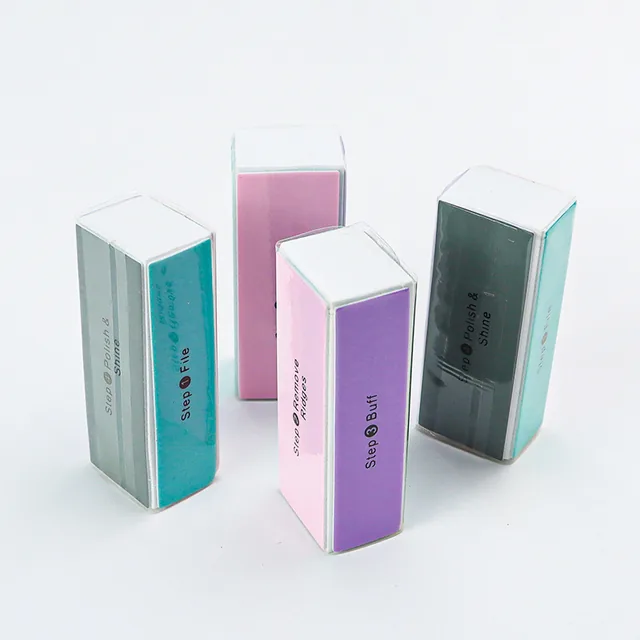Three polishing blocks lined up showing the printed Shaping, Buff and Shine faces