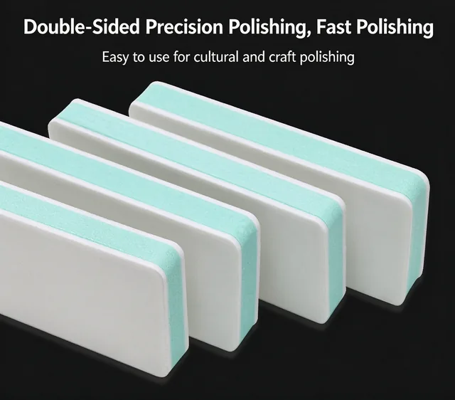 Four white buffing blocks with mint edges in a row on a black background, labelled Double-Sided Precision Polishing and Fast Polishing