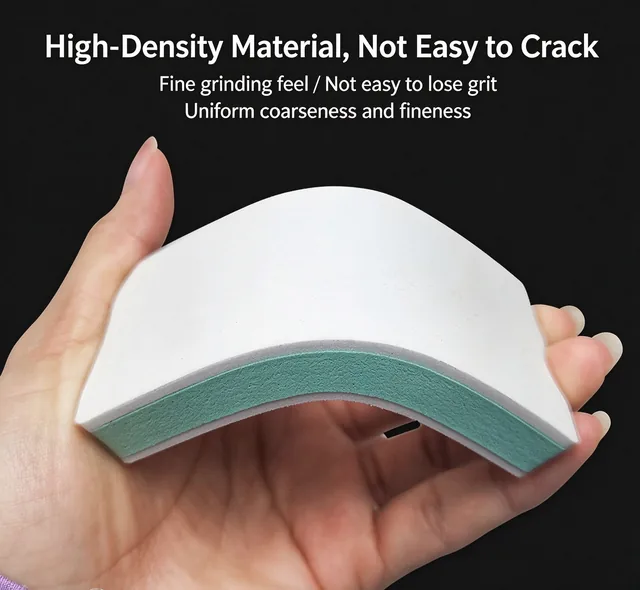 Hand flexing the buffing block, captioned High-Density Material, Not Easy to Crack and Fine grinding feel