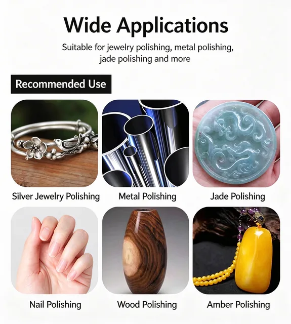 Wide Applications grid showing the block used for silver jewellery, metal, jade, nails, wood and amber polishing