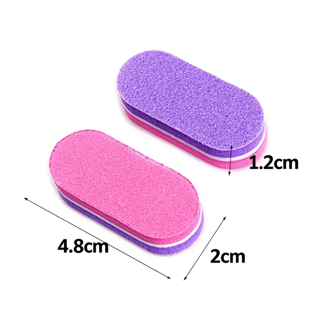 Purple and pink mini buffer blocks marked 4.8 cm long, 2 cm wide and 1.2 cm thick