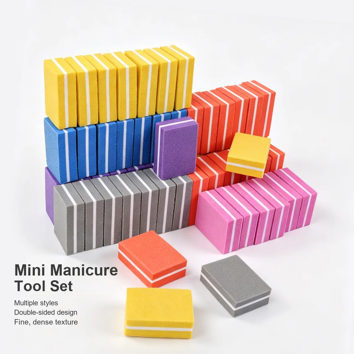 Mini square buffer blocks in pink, yellow, purple and blue in a four-panel collage headed Mini Manicure Tool Set