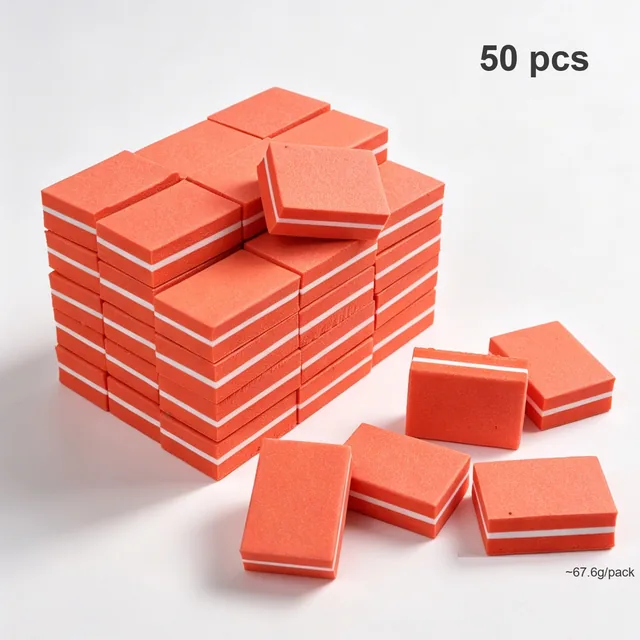 Mini square buffer blocks arranged in rows with the 50 pcs and pack-weight badges