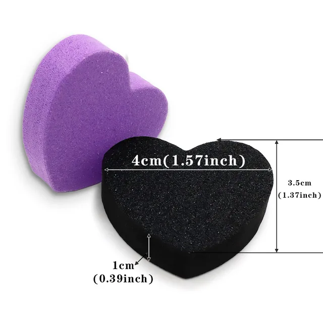 Black heart-shaped block marked 4 cm by 3.5 cm by 1 cm beside a purple one