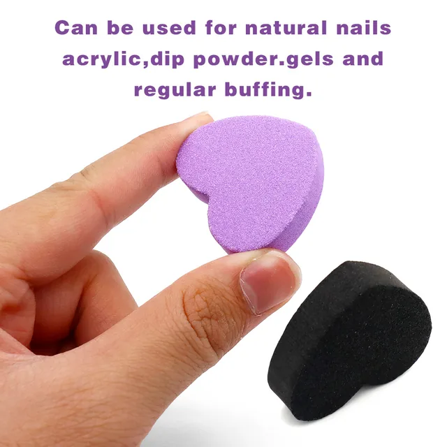 Hand holding a purple heart-shaped block, with a caption listing natural nails, acrylic, dip powder and gels