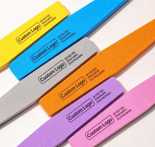 Printed logo badges on the coloured file bodies of the washable nail file