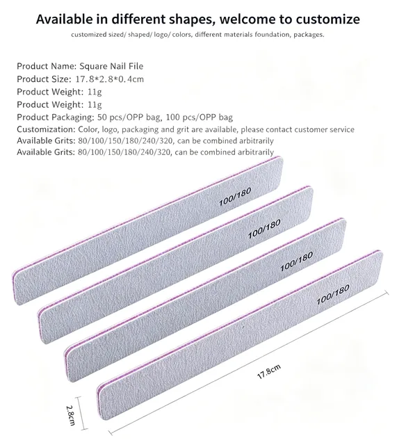 Specification view of the square nail file with length and width marked