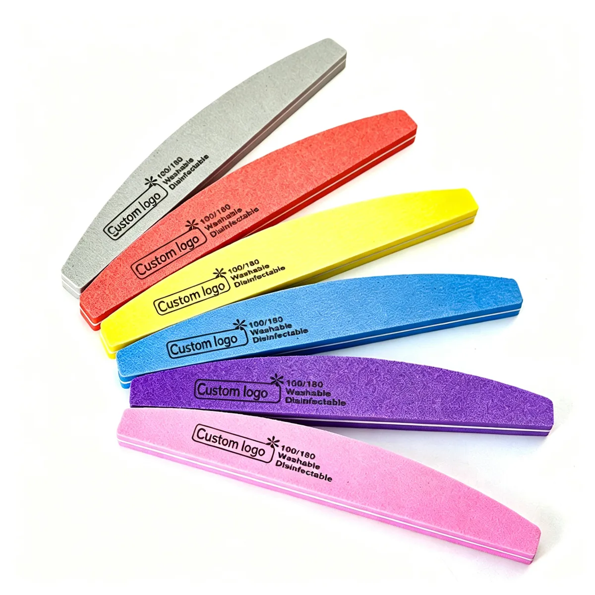 Half-moon high-resilience sponge nail file in six catalogue colours with printed logo badges