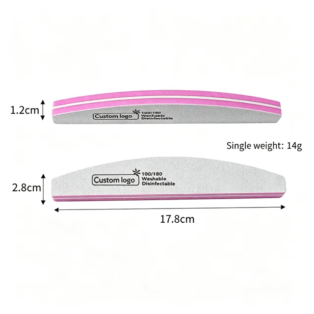 Dimension drawing of the half-moon sponge nail file showing its face and edge