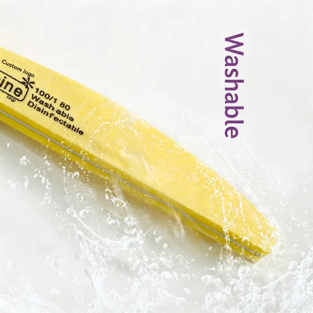 Washable half-moon nail file shown under a water splash