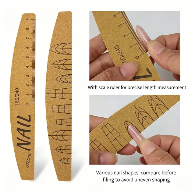 Front and back of the dark yellow polishing nail file with scale ruler and shape guide