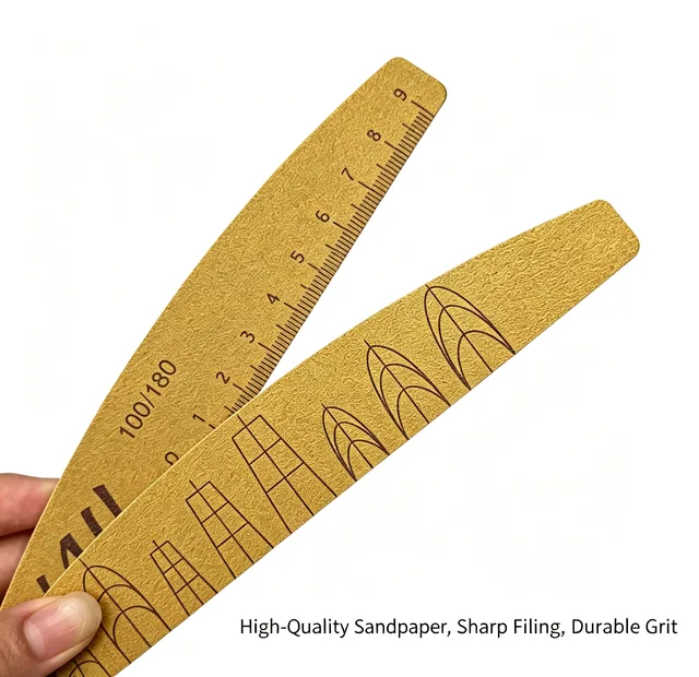 Close-up of two dark yellow polishing nail files crossed over each other