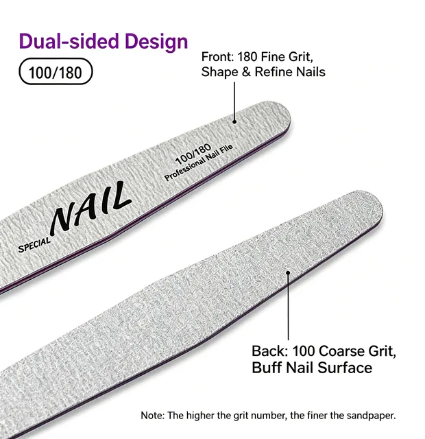 Front 180 fine grit face and back 100 coarse grit face of the double-sided nail file