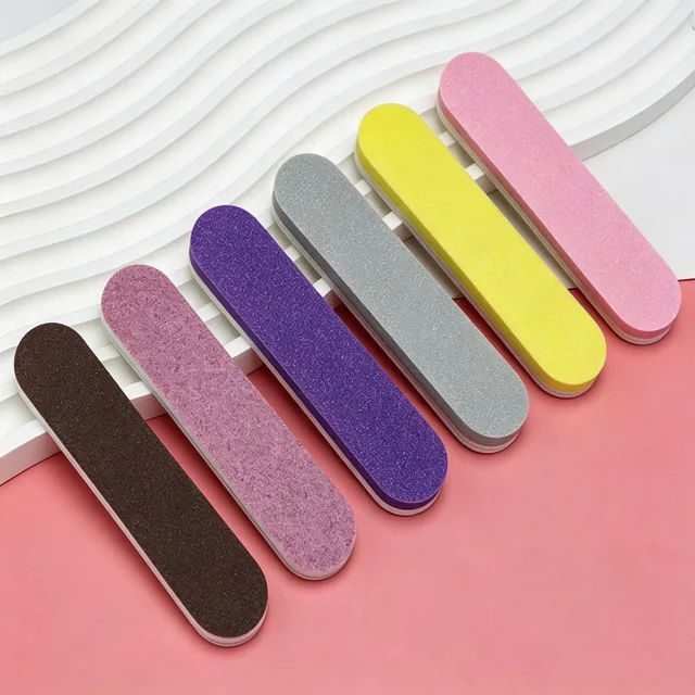 Six bare mini straight nail files in dark brown, light pink, purple, gray, yellow and magenta