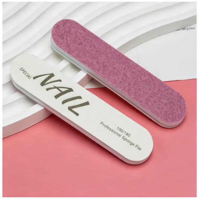 White printed board face and pink coarse sponge face of the mini 2-in-1 nail file