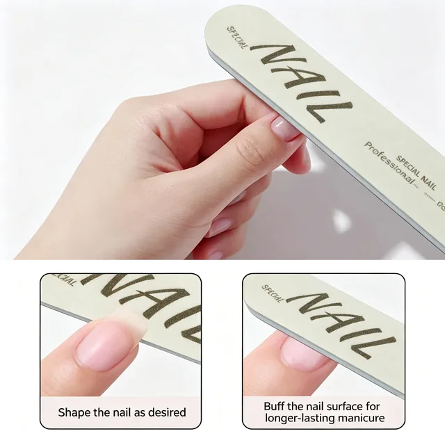 Hand holding the mini straight nail file with captions for shaping and buffing