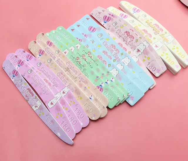 Row of pastel printed nail files showing their grit numbers and cartoon artwork
