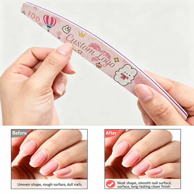 Hand holding the printed nail file with before and after panels showing shaped nails