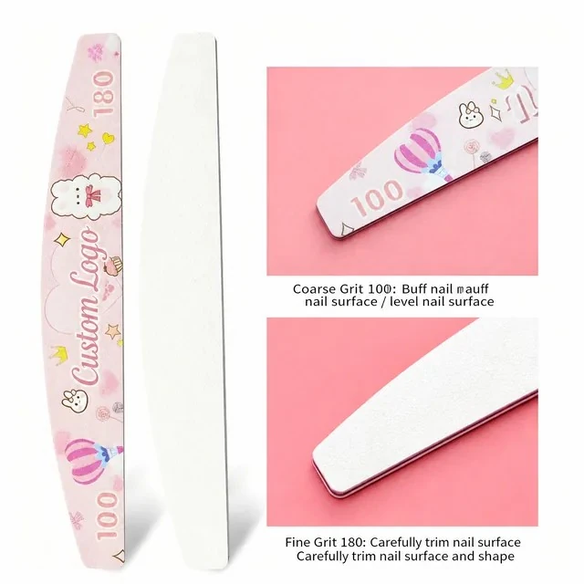 Front and back of the cartoon-print nail file with grit captions