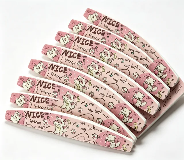 Nine pink cartoon cat print nail files fanned on a pink background