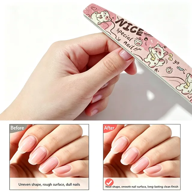 Hand holding the cartoon cat print nail file with before and after panels