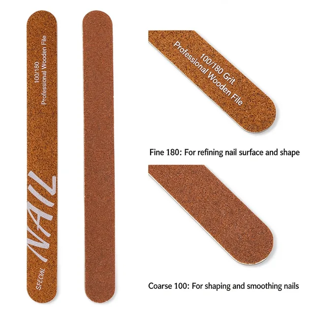 Front and back of the orange wooden nail file with coarse 100 and fine 180 grit captions