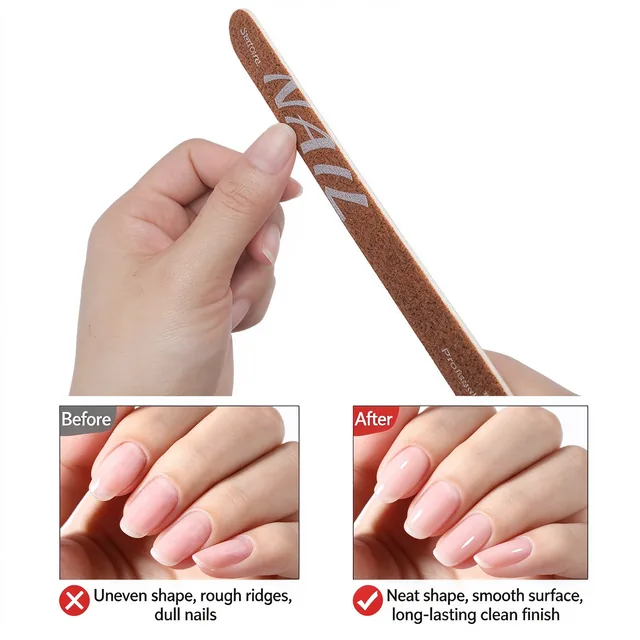 Hand holding the 100/180 wooden nail file beside before-and-after nail panels