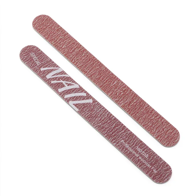 Two marbled red wooden nail files, one printed along the face and one plain