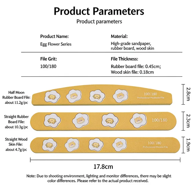 Product parameters sheet for the egg-flower series listing grit, thickness, widths and unit weights