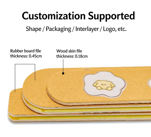 Close-up of stacked egg-flower nail files with 0.45 cm rubber board and 0.18 cm wood skin callouts