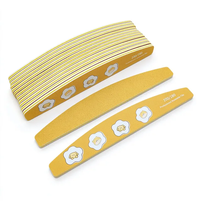 Stack of egg-flower nail files beside two loose files showing the printed design