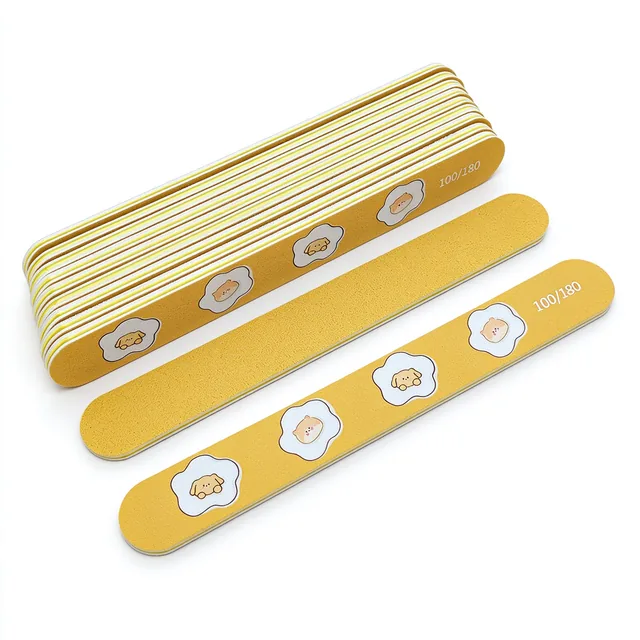Full stack of egg-flower nail files with two files laid out below showing both faces