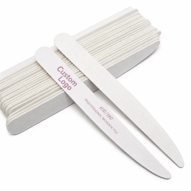 Stacks of white printed wooden nail files with a pink Custom Logo mark and a 100/180 marking