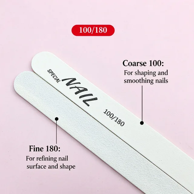 Two white nail files on a pink background with coarse 100 and fine 180 grit callouts