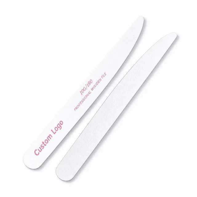 Two white printed wooden nail files marked with a pink Custom Logo and a 100/180 marking