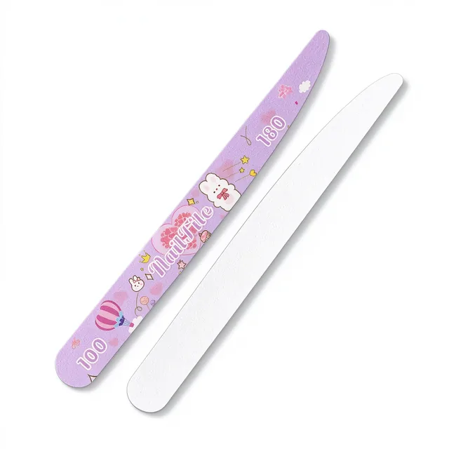 Purple cartoon-print wooden nail file beside its plain white abrasive face
