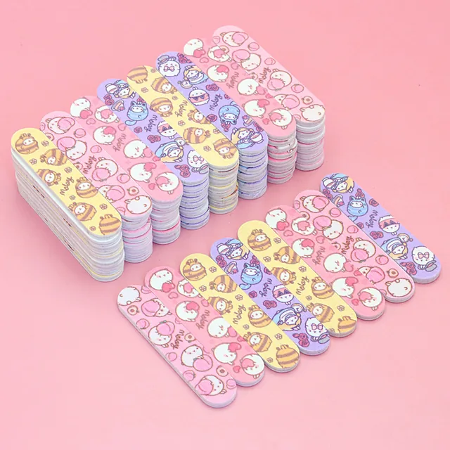 Many mini cartoon-print nail files arranged in colour rows on a pink background