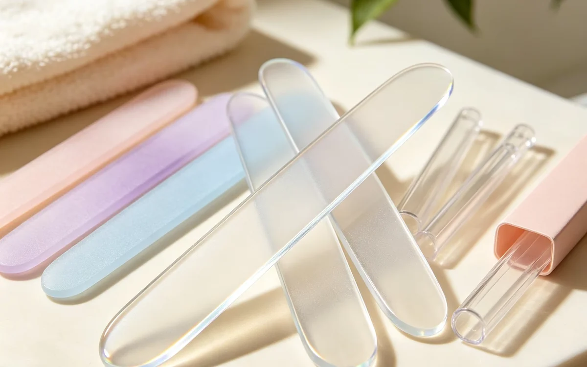 Glass Nail Files —tempered glass files with an etched abrasive face, supplied with sleeves and hard cases