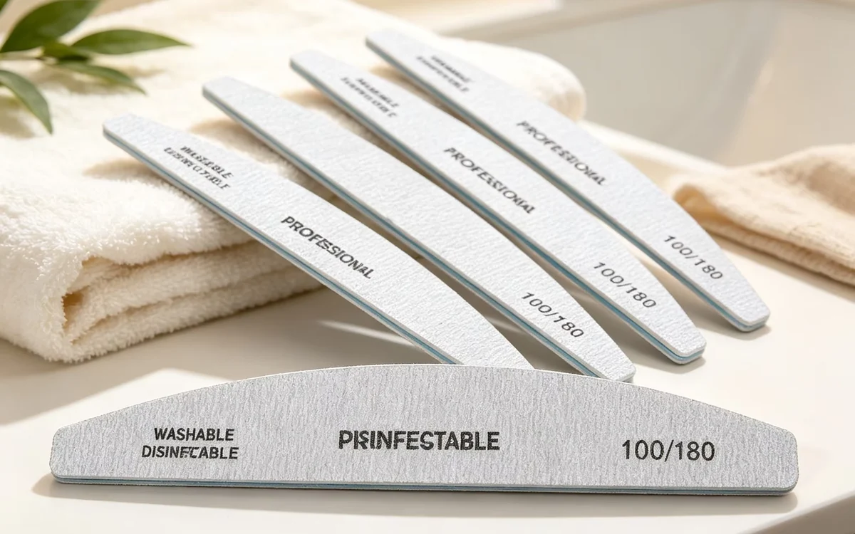 Nail Files —emery and sandpaper files in half moon, banana, straight and mini oval shapes, washable and printable with your logo