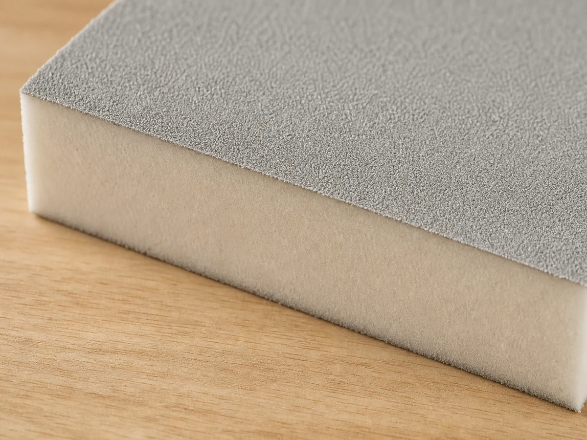 A foam buffer block showing its compressible body and abrasive face