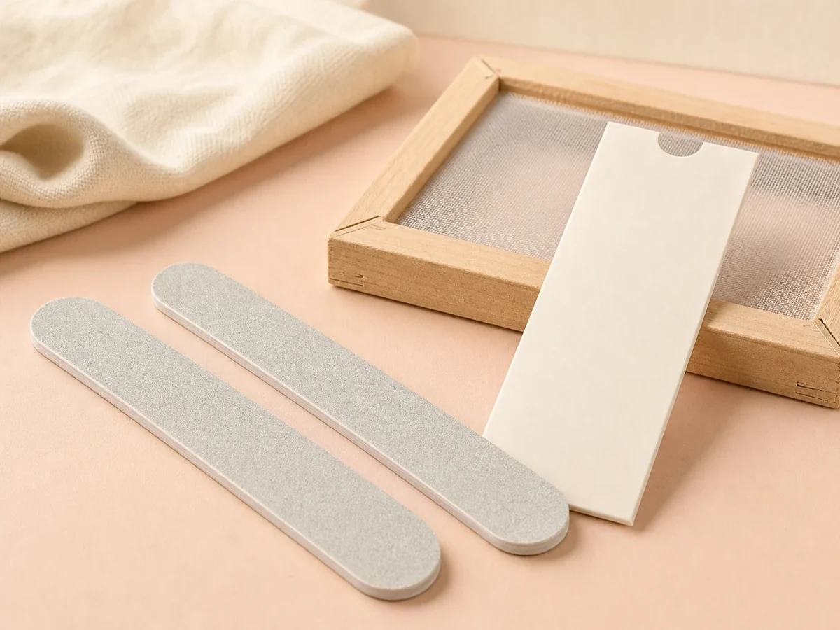 Screen-printing frame and a blank sleeve beside pale nail files